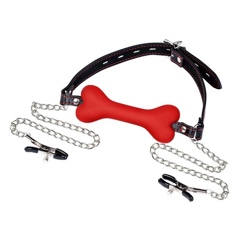 Трензель-кость с зажимами на соски "Theatre" красный 